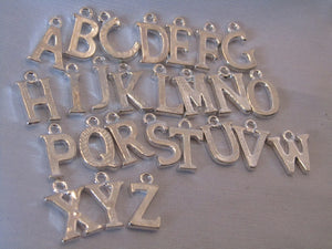 Alphabet Charms, Silver Plated. Sold per 5 charms.